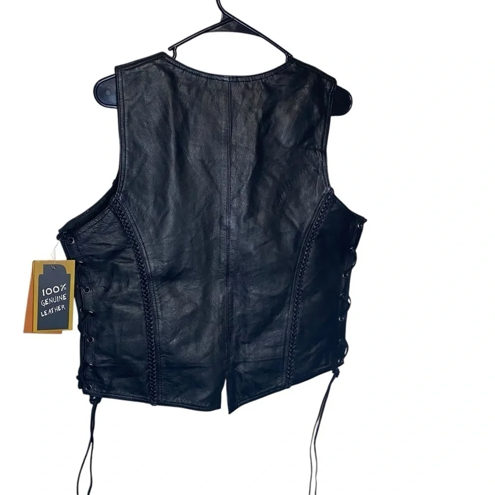 Malah Womens Black Leather Motorcycle Gun Vest‎ Braided Front/Back Side Laces Lg